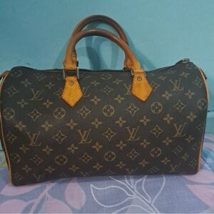Louis Vuitton Brown Monogram Satchel with Tan Leather Handles